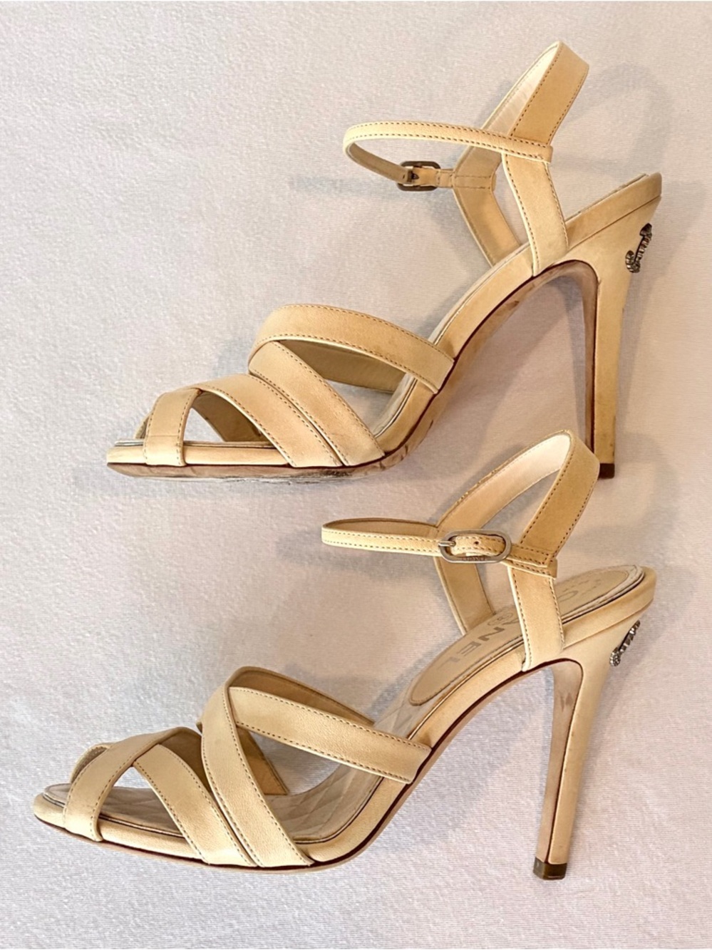 CHANEL Leather Strappy heels, Interlocking Strass CCs,quilted int, nude, 37, GUC - Picture 10 of 14